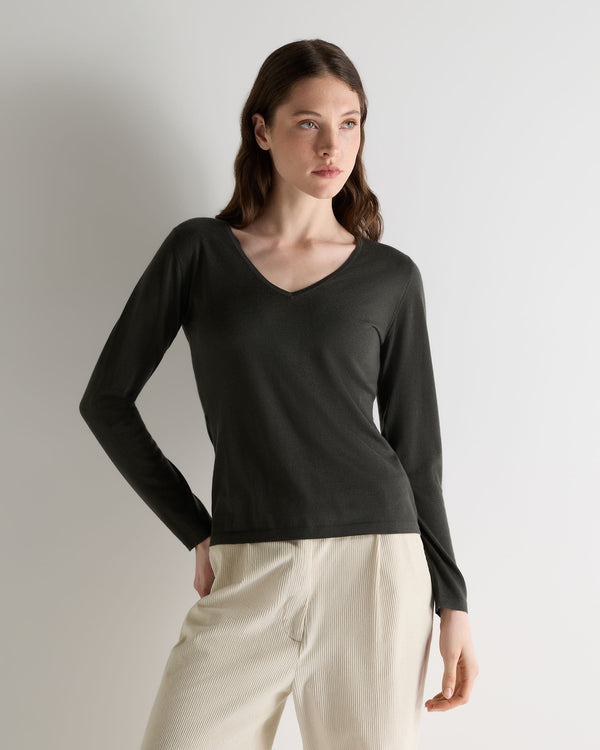 n.peal Women's Imogen Superfine Cashmere V Neck Sweater In Arabica Khaki Green
