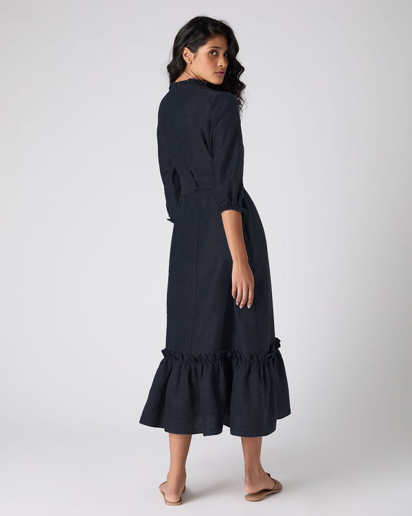 N.peal Women's Iris Ruffle Linen Dress In Navy Blue