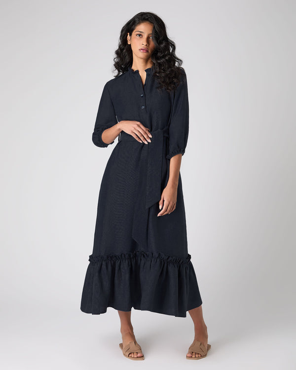 n.peal Women's Iris Ruffle Linen Dress In Navy Blue