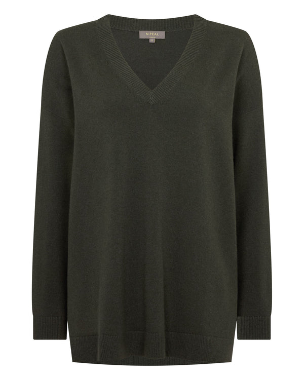 N.peal Women's Longline V Neck Cashmere Sweater In Arabica Khaki Green