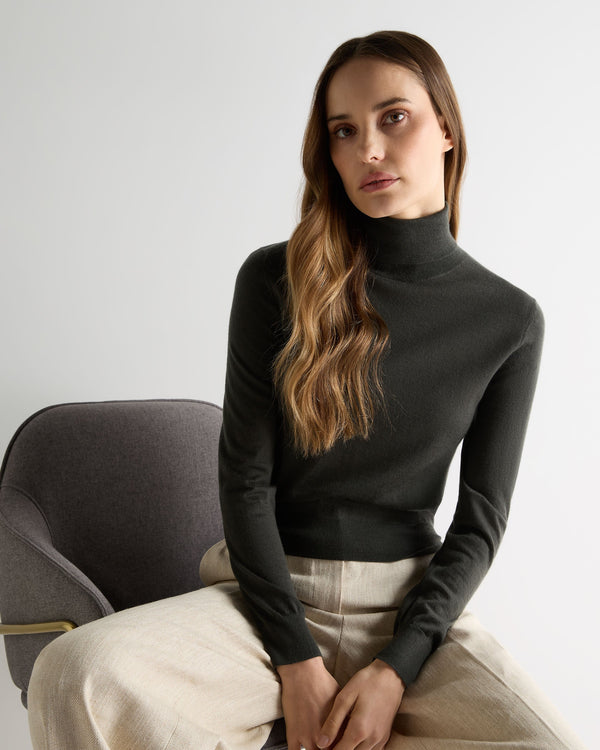 n.peal Women's Margot Superfine Cashmere Turtle Neck Sweater In Arabica Khaki Green