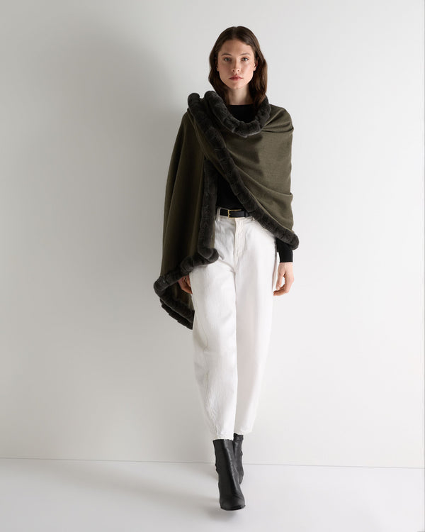 N.peal Women's Meribel Woven Fur Trim Cashmere Shawl In Arabica Khaki Green