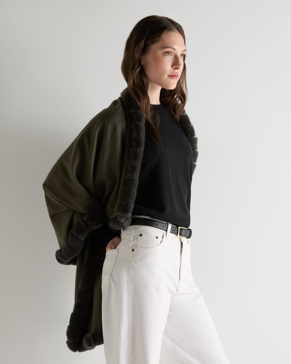 N.peal Women's Meribel Woven Fur Trim Cashmere Shawl In Arabica Khaki Green