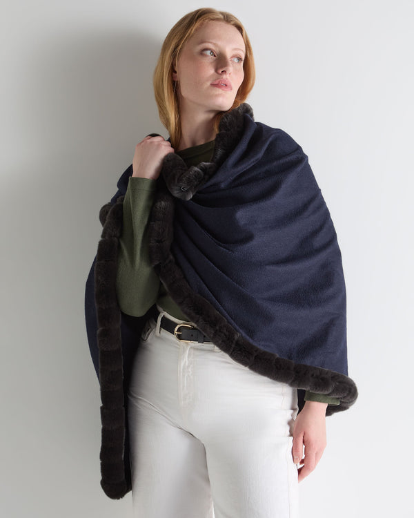 N.peal Women's Meribel Woven Fur Trim Cashmere Shawl In Navy Blue