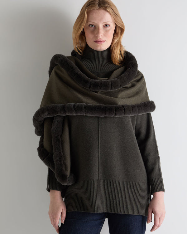 N.peal Women's Meribel Woven Fur Trim Scarf In Arabica Khaki Green