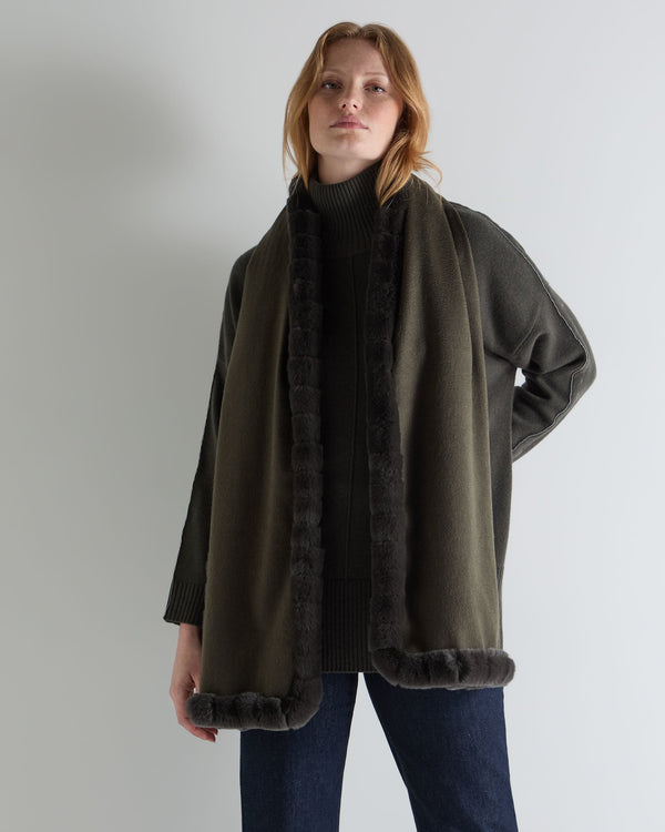 N.peal Women's Meribel Woven Fur Trim Scarf In Arabica Khaki Green