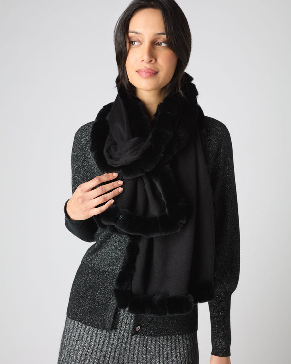 N.peal Women's Meribel Woven Fur Trim Scarf In Black