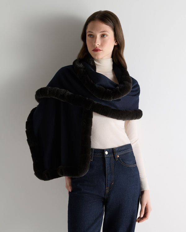 N.peal Women's Meribel Woven Fur Trim Scarf In Navy Blue