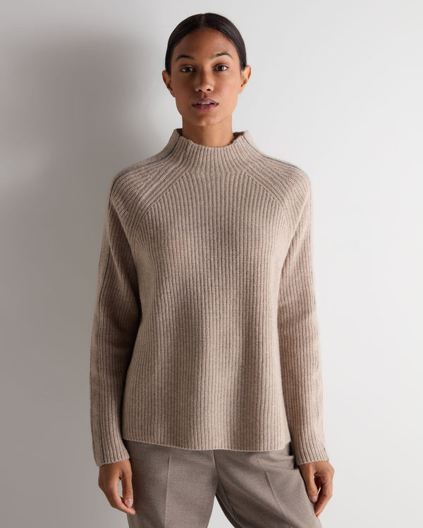 n.peal Women's Metal Funnel Neck Cashmere Sweater In Oatmeal Brown