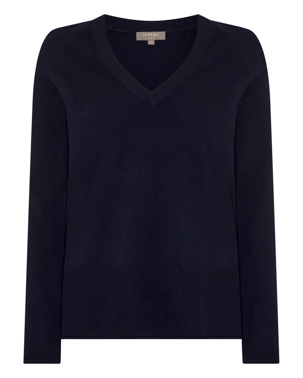 N.peal Women's Relaxed V Neck Cashmere Sweater In Navy Blue