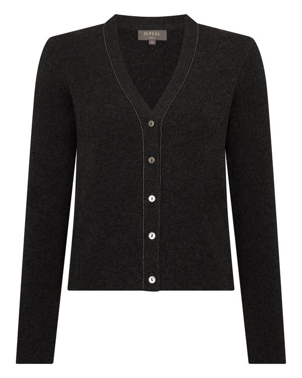 N.peal Women's Ribbed Cashmere Cardigan With Metal Trim In Deep Charcoal Grey