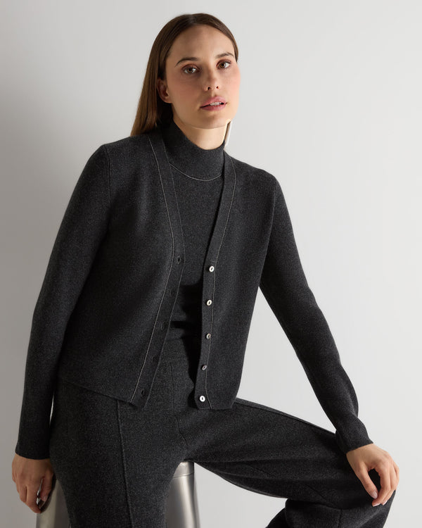 n.peal Women's Ribbed Cashmere Cardigan With Metal Trim In Deep Charcoal Grey