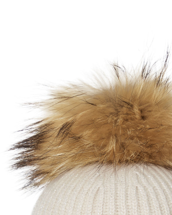 N.peal Women's Ribbed Cashmere Hat With Detachable Pom In Ecru White Sparkle