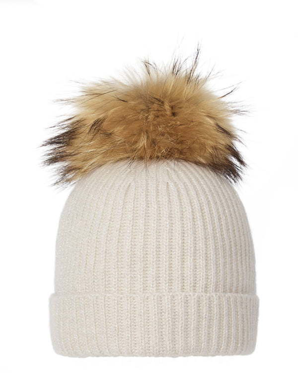 n.peal Women's Ribbed Cashmere Hat With Detachable Pom In Ecru White Sparkle