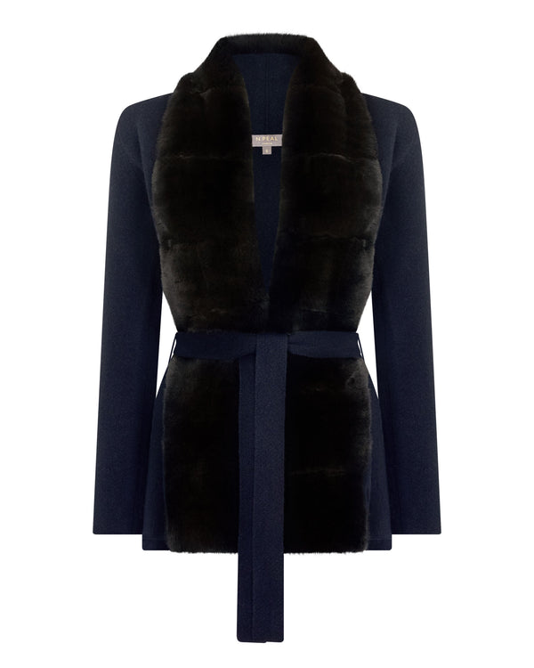 N.peal Women's Ruby Herringbone Fur Cardigan In Navy Blue