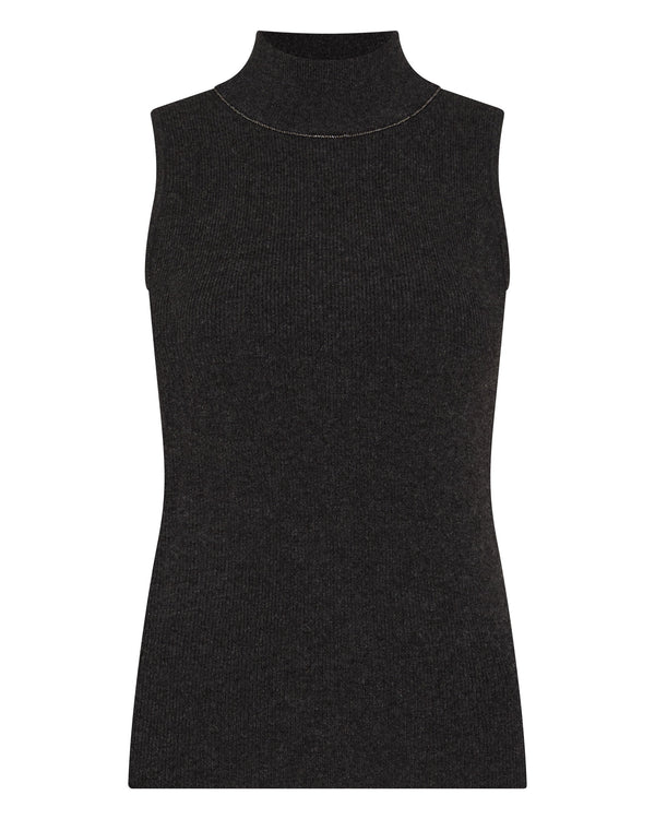 N.peal Women's Turtle Neck Cashmere Tank Top With Metal Trim In Deep Charcoal Grey