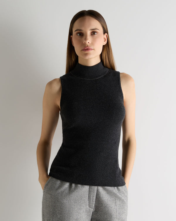 n.peal Women's Turtle Neck Cashmere Tank Top With Metal Trim In Deep Charcoal Grey