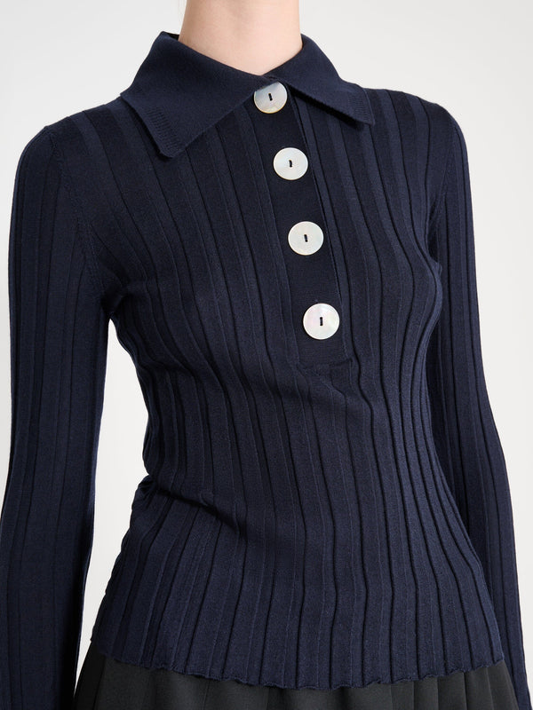 Nackiyé Sugarman Long Sleeved Knit Polo Navy