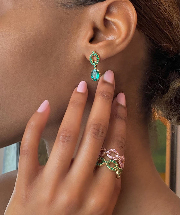 Nadine Aysoy Catena Drop Oval Emerald And Pavé Earrings