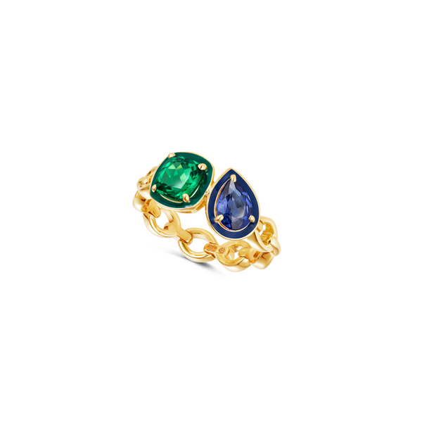 Nadine Aysoy Catena Enamel Double Emerald And Blue Sapphire Ring