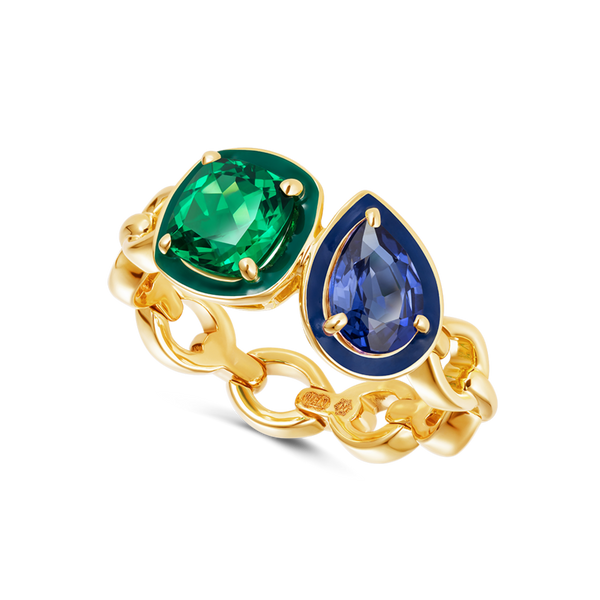 nadine aysoy Catena Enamel Double Emerald and Blue Sapphire Ring