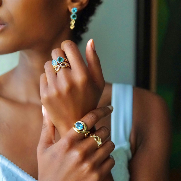 Nadine Aysoy Catena Enamel Double Emerald And Blue Topaz Ring