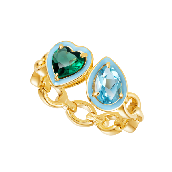 nadine aysoy Catena Enamel Double Emerald and Blue Topaz Ring