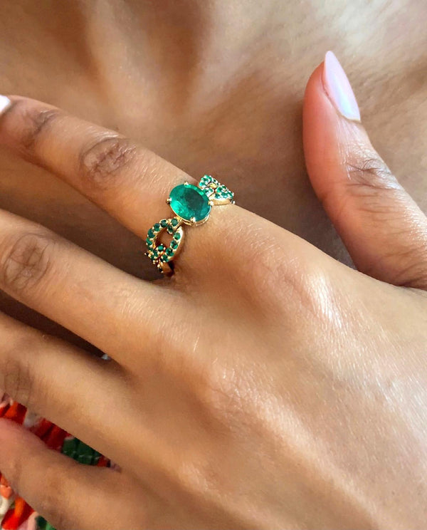 Nadine Aysoy Catena Petite Oval Emerald And Pavé Ring
