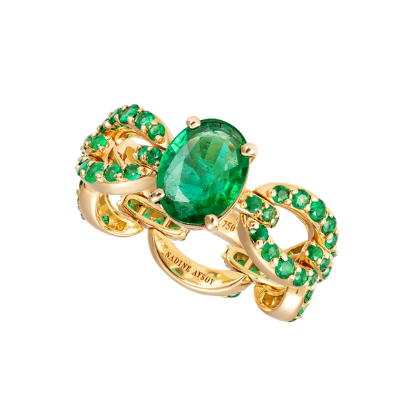 nadine aysoy Catena Petite Oval Emerald and Pavé Ring