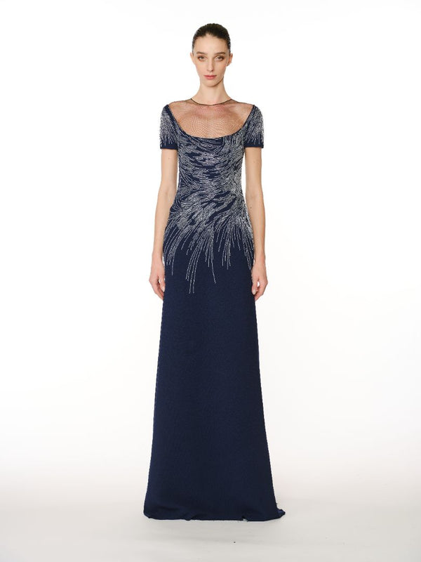 Naeem Khan ABSTRACT BEADED CREPE FIT-AND-FLARE GOWN