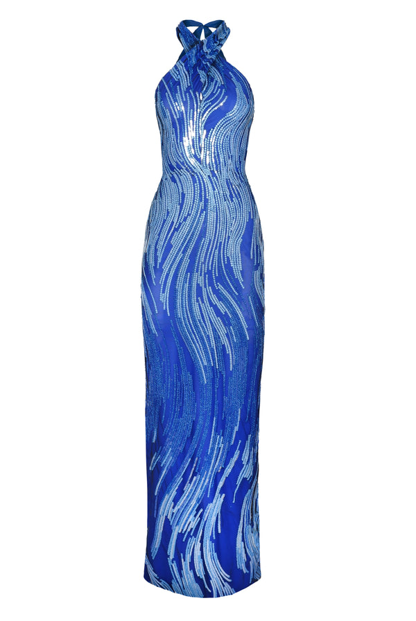 Naeem Khan ABSTRACT SEQUIN CRISS-CROSS NECK COLUMN GOWN
