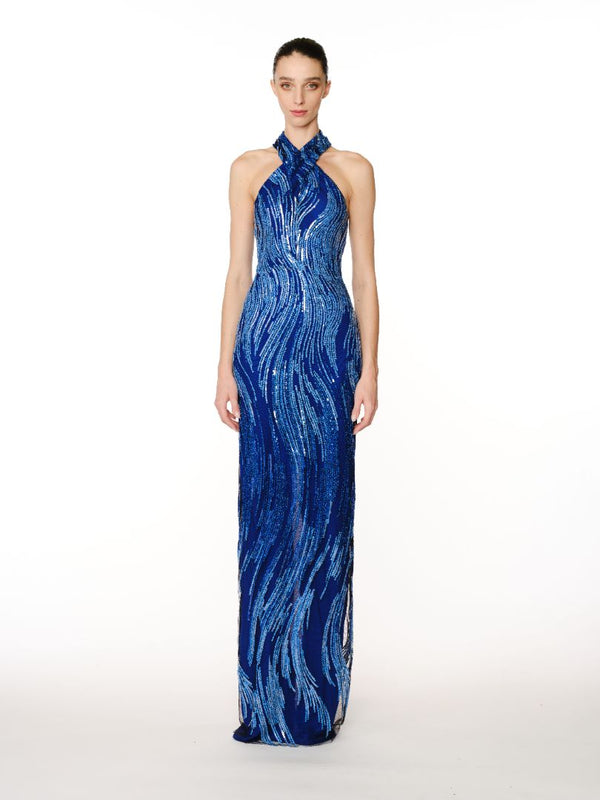 naeem khan ABSTRACT SEQUIN CRISS-CROSS NECK COLUMN GOWN