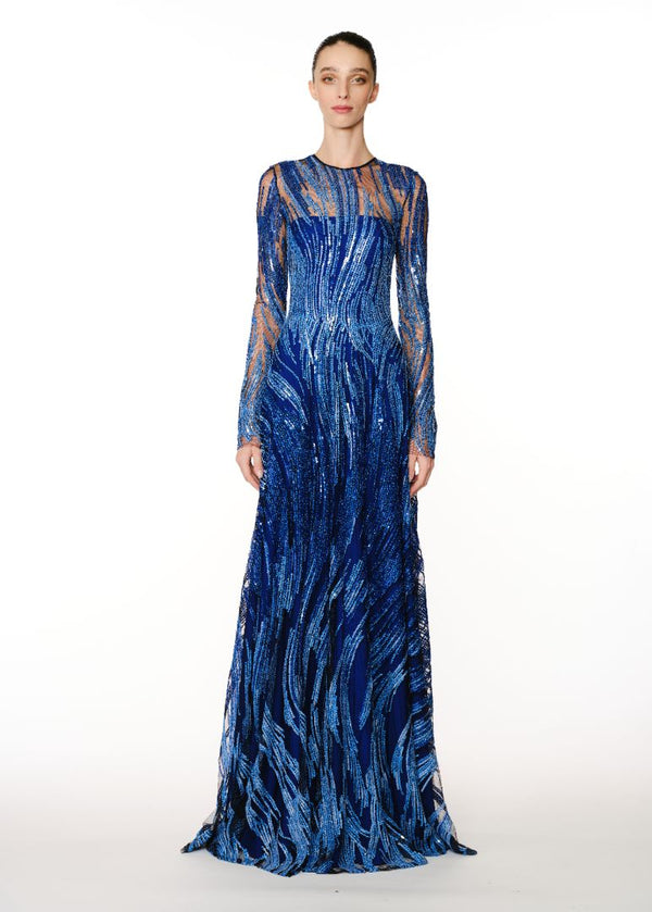 naeem khan ABSTRACT SEQUIN FULL SKIRT LONG SLEEVE GOWN