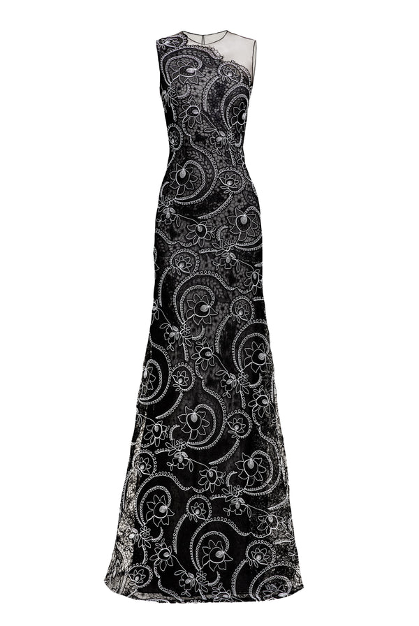 Naeem Khan ASYMMETRICAL ILLUSION NECKLINE FIT-AND-FLARE GOWN