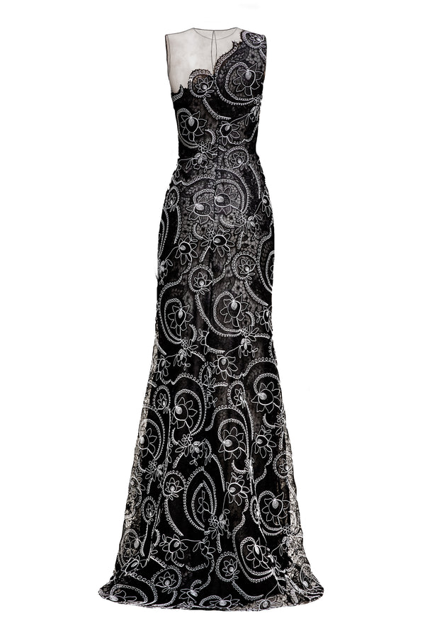 Naeem Khan ASYMMETRICAL ILLUSION NECKLINE FIT-AND-FLARE GOWN