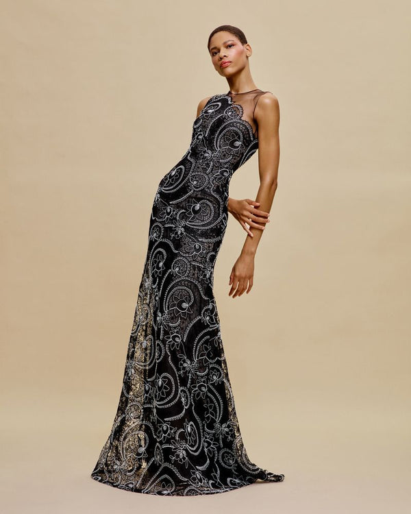 naeem khan ASYMMETRICAL ILLUSION NECKLINE FIT-AND-FLARE GOWN