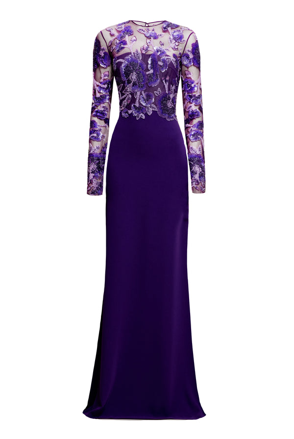 Naeem Khan BEADED BODICE JEWEL NECK LONG SLEEVE FIT-AND-FLARE GOWN