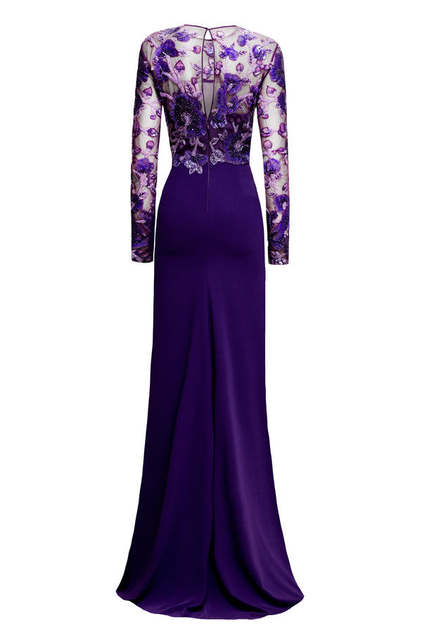 Naeem Khan BEADED BODICE JEWEL NECK LONG SLEEVE FIT-AND-FLARE GOWN