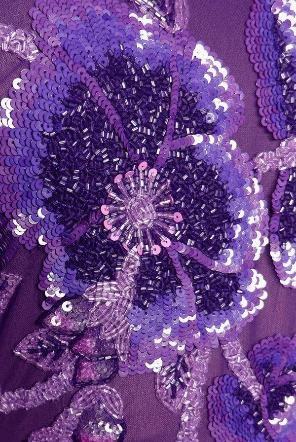 Naeem Khan BEADED BODICE JEWEL NECK LONG SLEEVE FIT-AND-FLARE GOWN