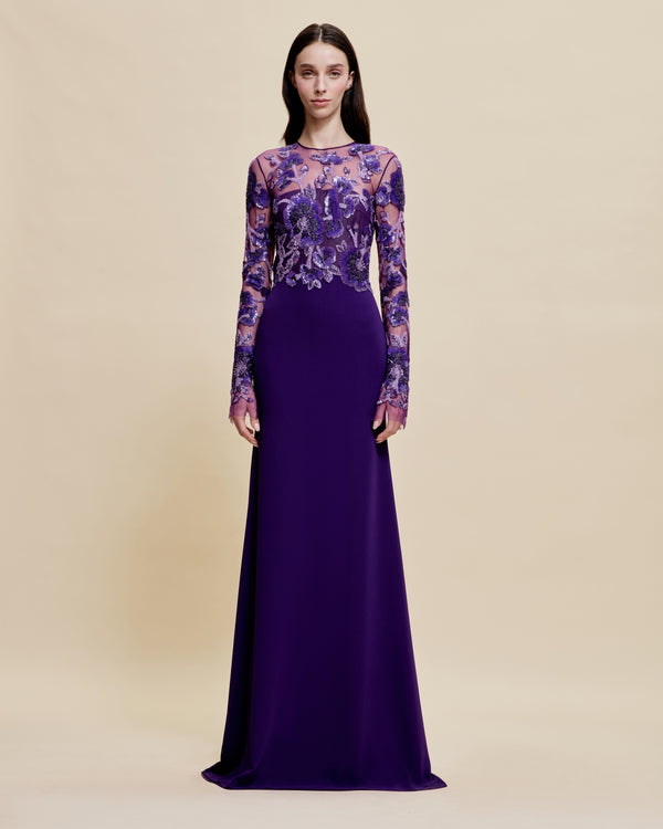 naeem khan BEADED BODICE JEWEL NECK LONG SLEEVE FIT-AND-FLARE GOWN