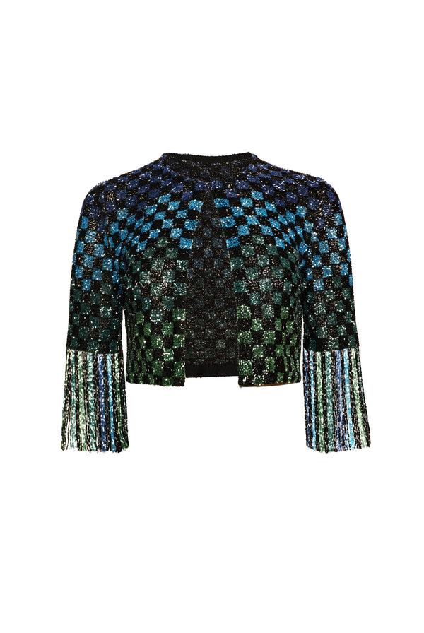 naeem khan BEADED CROPPED BOLERO WITH FRINGE SLEEVES
