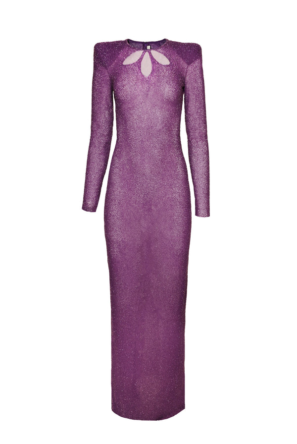 Naeem Khan BEADED JEWEL NECK COLUMN GOWN WITH LONG SLEEVES