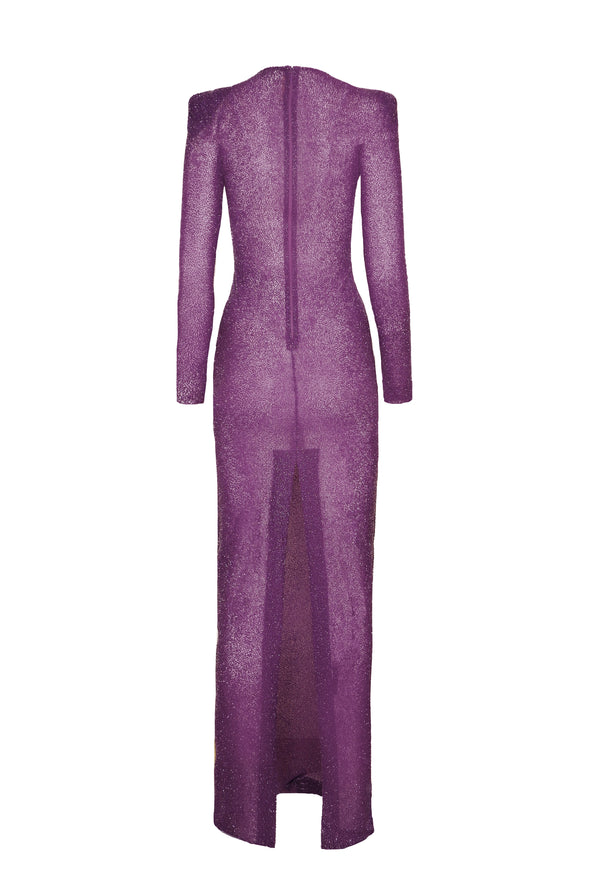 Naeem Khan BEADED JEWEL NECK COLUMN GOWN WITH LONG SLEEVES