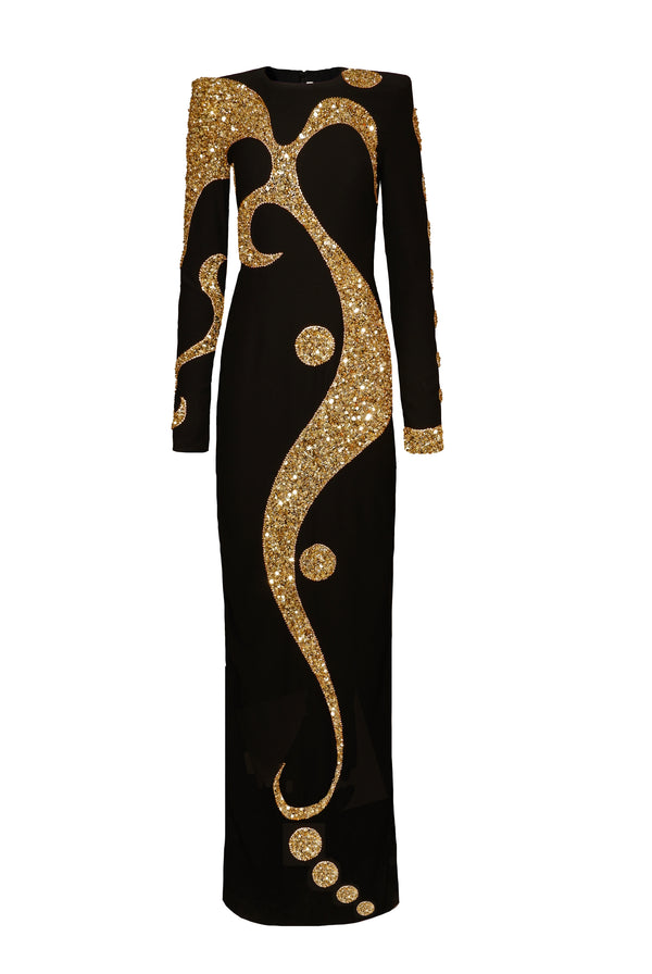 Naeem Khan BEADED JEWEL NECK COLUMN GOWN WITH LONG SLEEVES