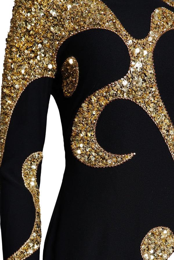 Naeem Khan BEADED JEWEL NECK COLUMN GOWN WITH LONG SLEEVES