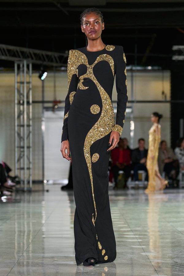 naeem khan BEADED JEWEL NECK COLUMN GOWN WITH LONG SLEEVES