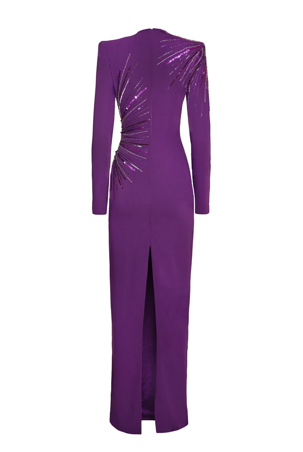 Naeem Khan BEADED JEWEL NECK COLUMN GOWN WITH LONG SLEEVES