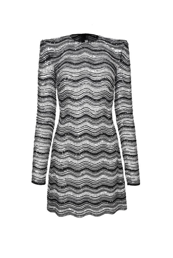 Naeem Khan BEADED JEWEL NECK DRESS WITH LONG SLEEVES