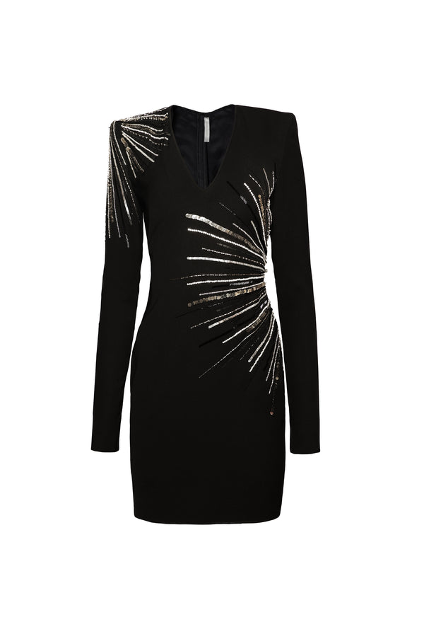 naeem khan BEADED JEWEL NECK DRESS WITH LONG SLEEVES