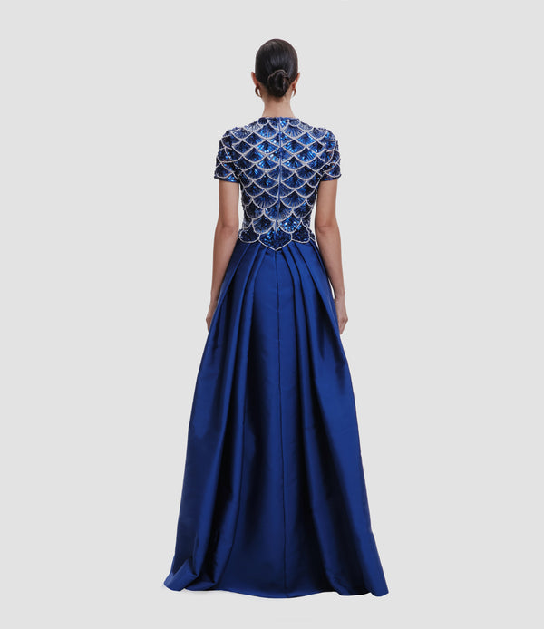 Naeem Khan BEADED JEWEL NECK DROP WAIST BALL GOWN WITH CAP SLEEVES